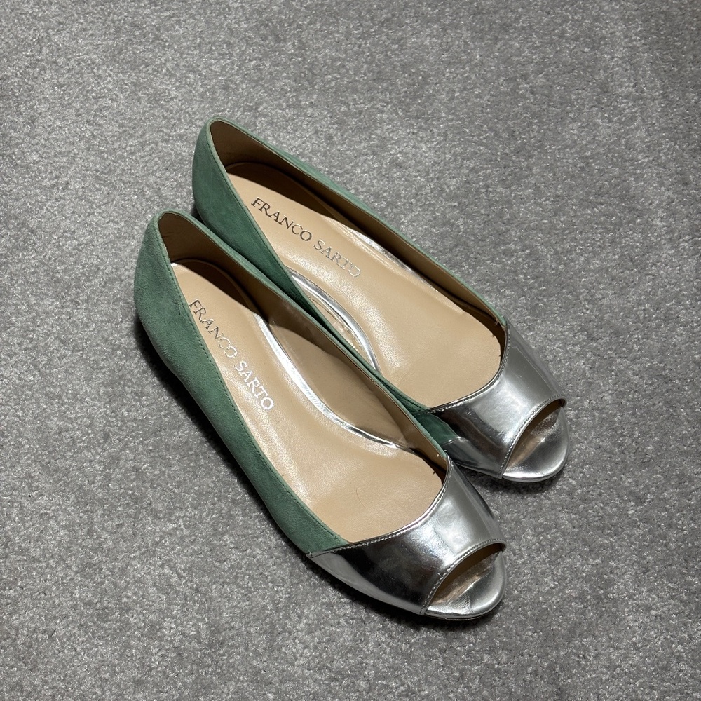 Franco Sarto mint green suede and silver peep toe ballet flats worn once